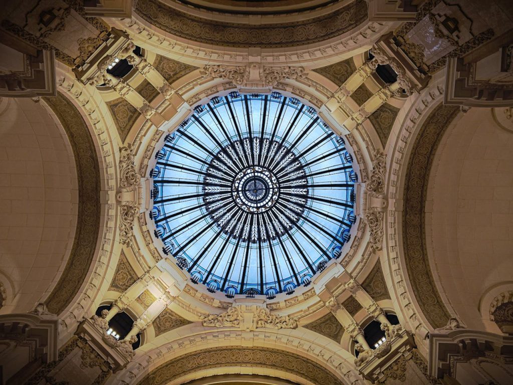 Art Nouveau stained glass dome of Galería Güemes in Buenos Aires, Argentina.